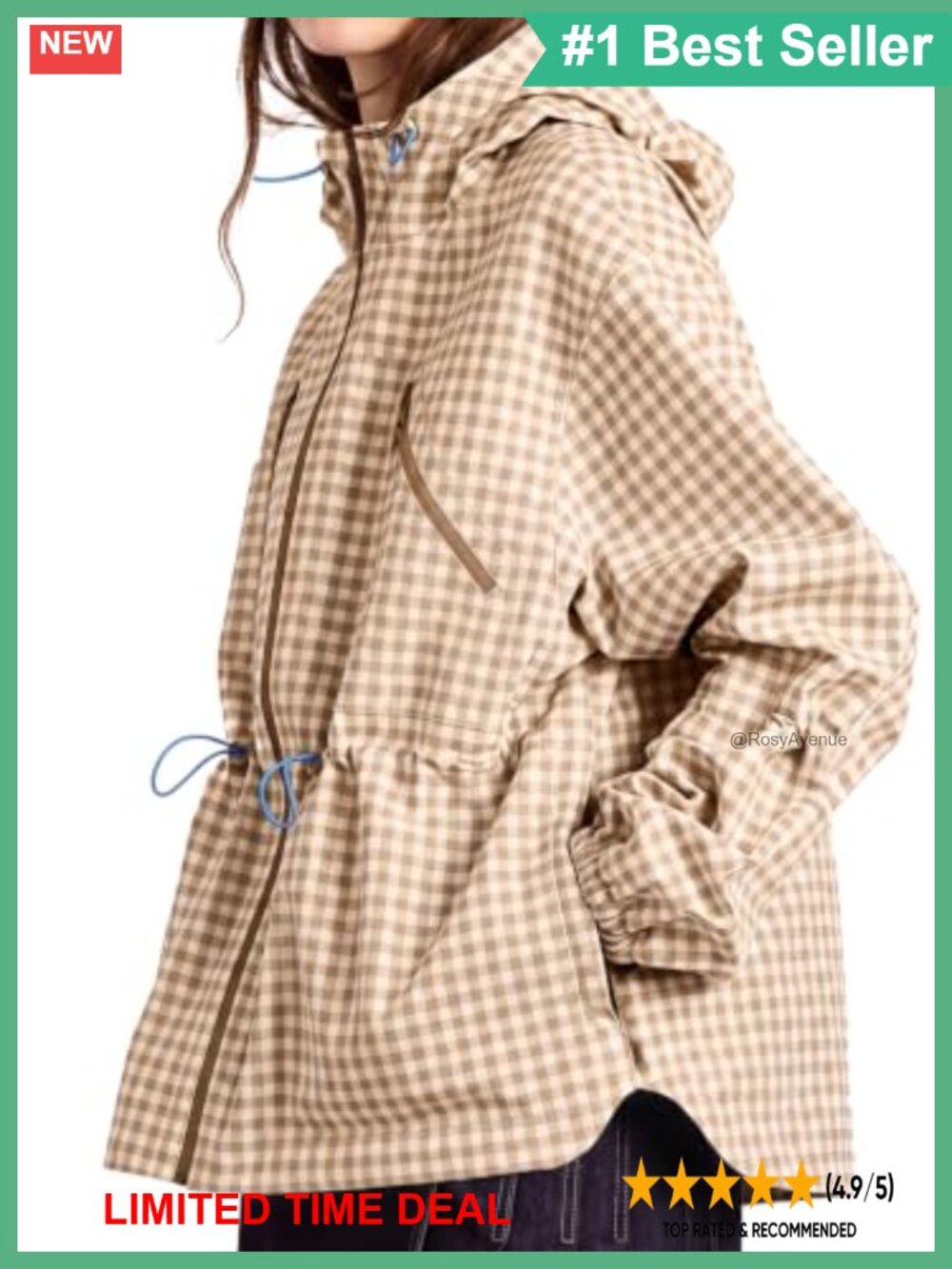 Women's Plaid Rain Jacket Waterproof Hooded Windbreaker Lightweight